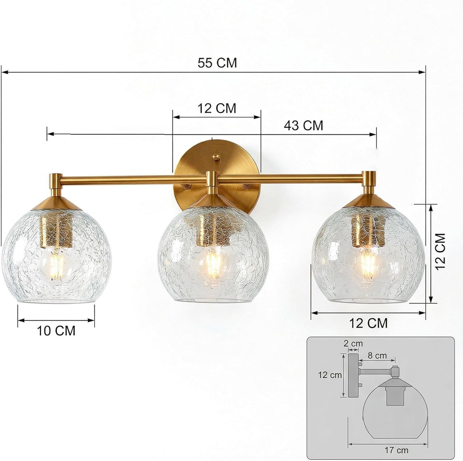 Tribesigns Goldene Badezimmer Wandleuchte 3-flammig mit Crackle-Glas Kugeln, Moderne Spiegelleuchte mit E27 Fassung inkl. LED Leuchtmittel