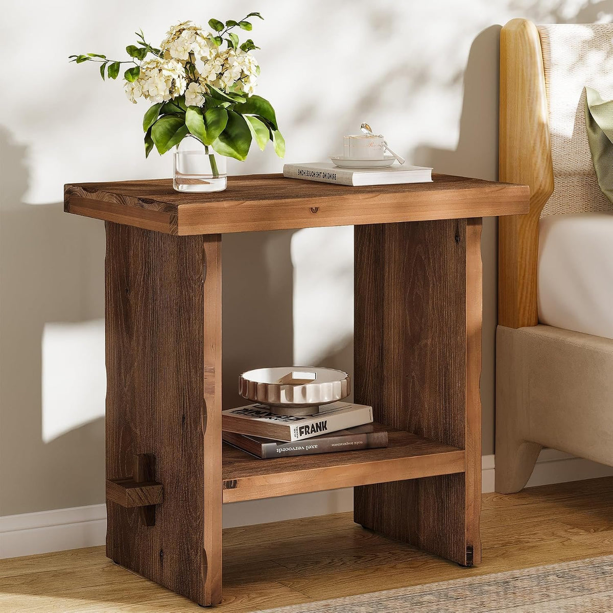 Tribesigns Massivholz Beistelltisch 60 cm hoch mit Ablage im Landhausstil