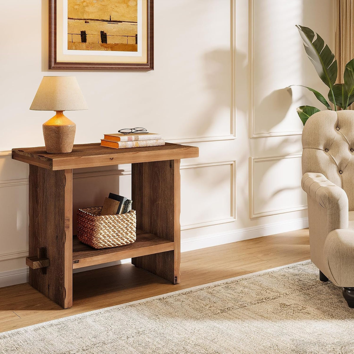 Tribesigns Massivholz Beistelltisch 60 cm hoch mit Ablage im Landhausstil