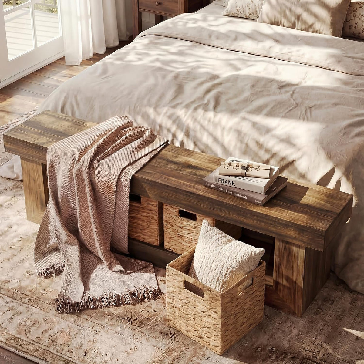 Tribesigns Sitzbank 160 cm mit 4 Aufbewahrungskörben, Holzbank im Boho-Stil