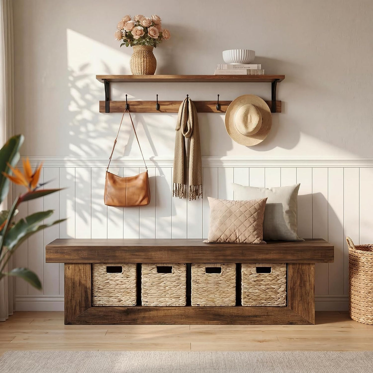 Tribesigns Sitzbank 160 cm mit 4 Aufbewahrungskörben, Holzbank im Boho-Stil