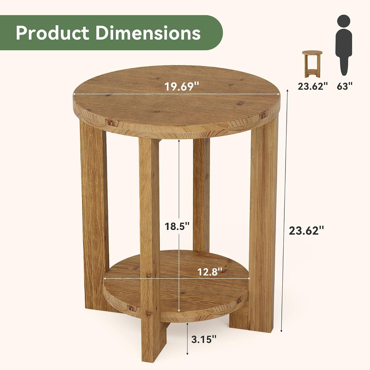 Tribesigns Runder Massivholz Beistelltisch 50 cm mit Ablage, Retro-Braun