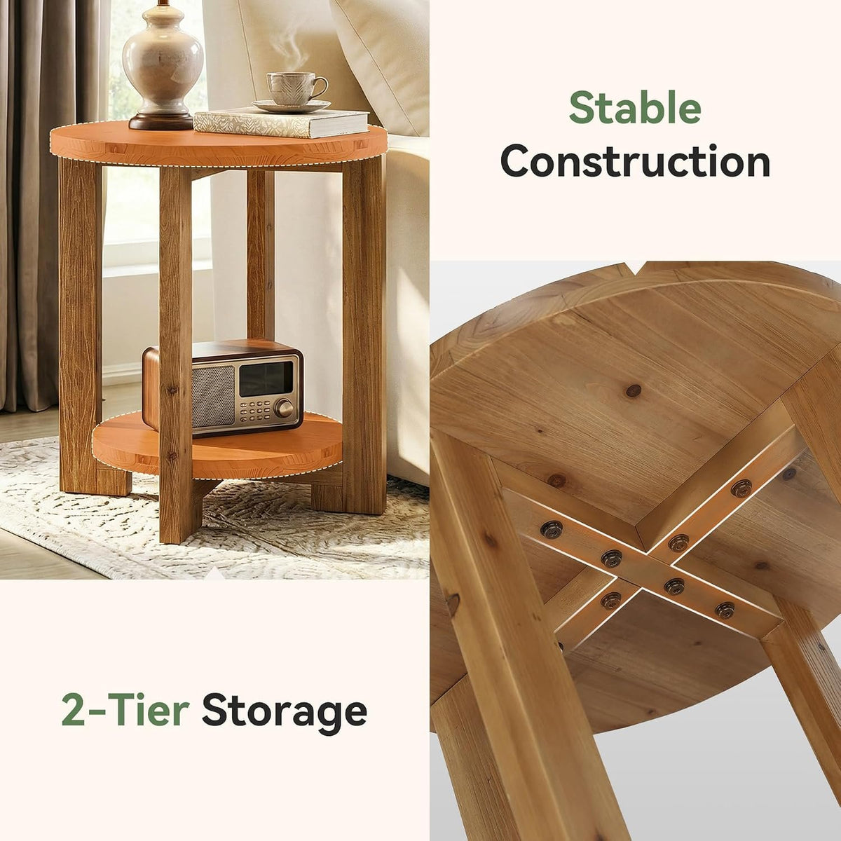 Tribesigns Runder Massivholz Beistelltisch 50 cm mit Ablage, Retro-Braun