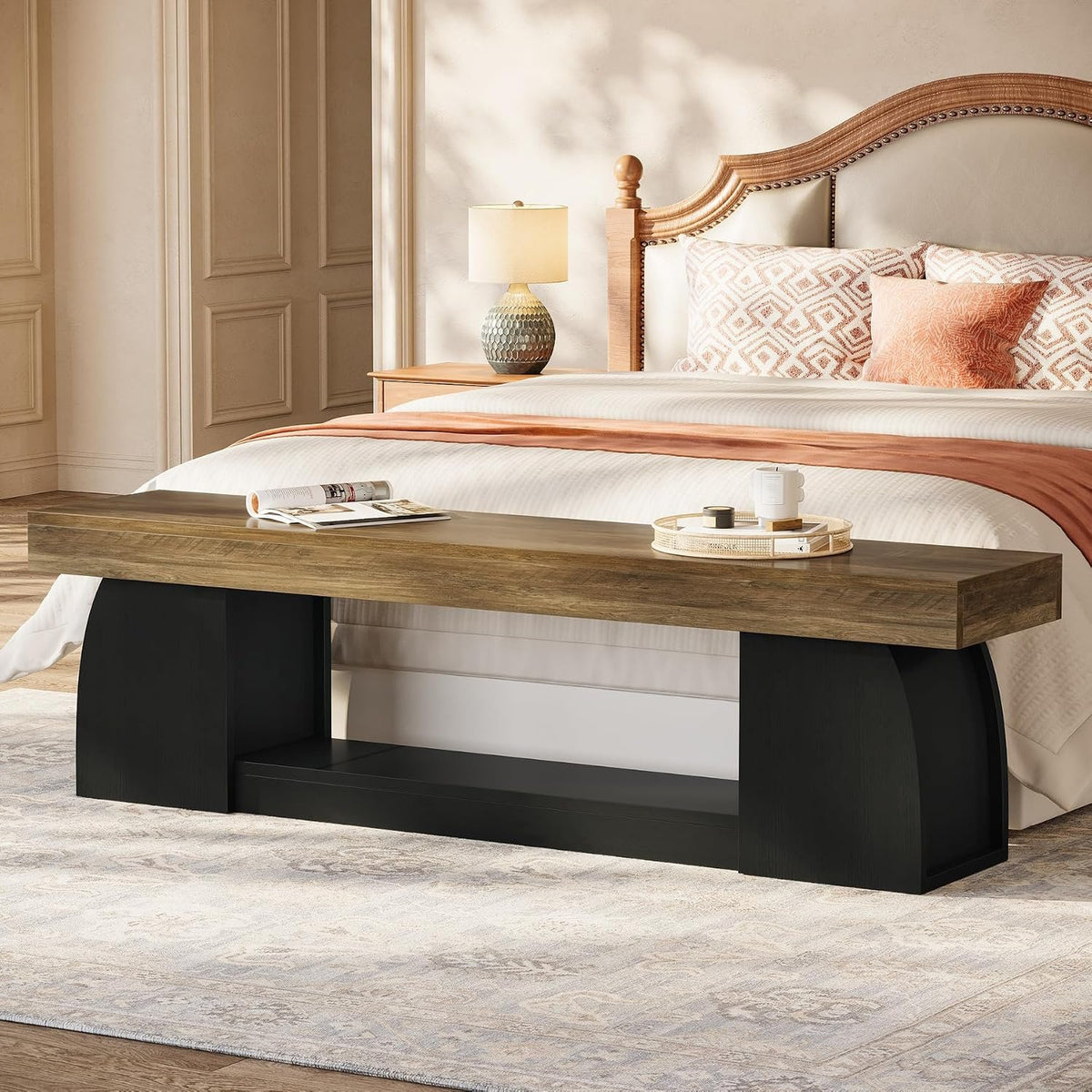 Tribesigns Sitzbank 160 cm mit Schuhablage, Holzoptik und schwarzen Beinen im Landhausstil