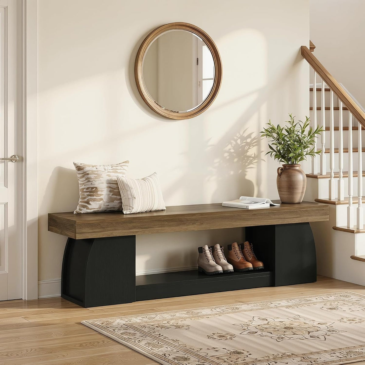 Tribesigns Sitzbank 160 cm mit Schuhablage, Holzoptik und schwarzen Beinen im Landhausstil