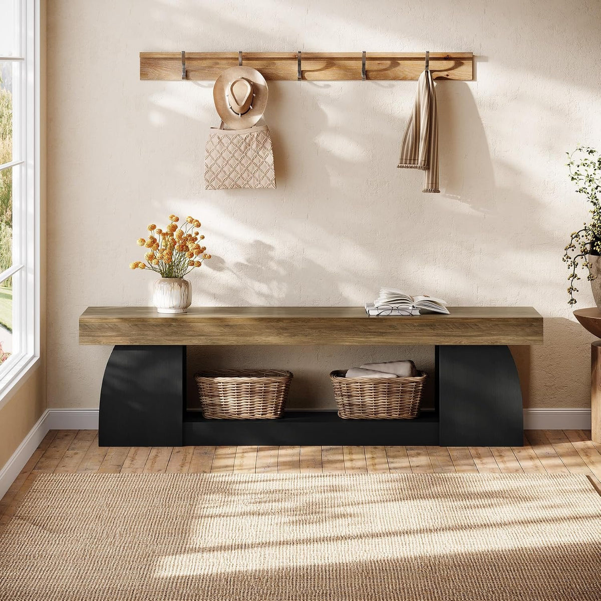 Tribesigns Sitzbank 160 cm mit Schuhablage, Holzoptik und schwarzen Beinen im Landhausstil