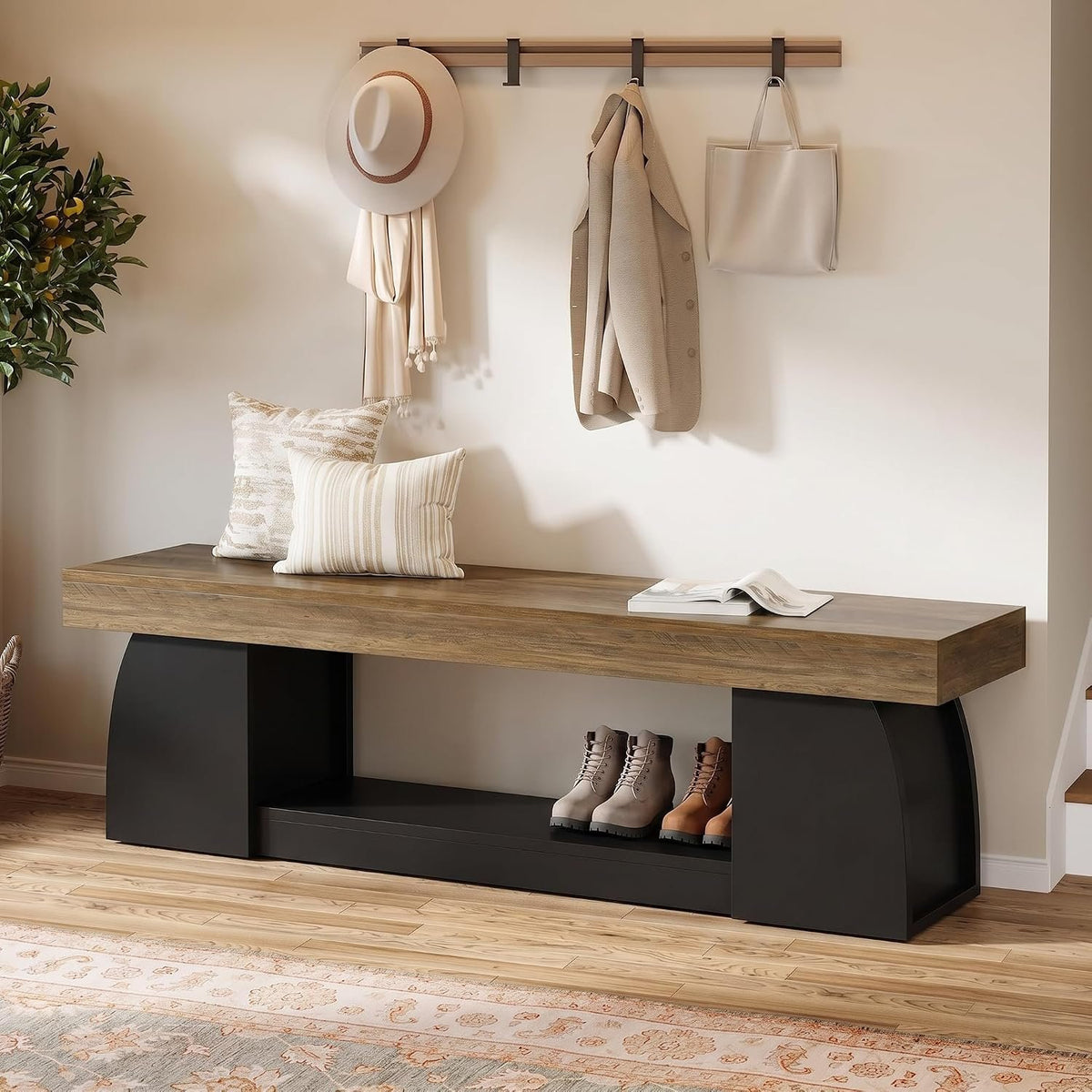 Tribesigns Sitzbank 160 cm mit Schuhablage, Holzoptik und schwarzen Beinen im Landhausstil