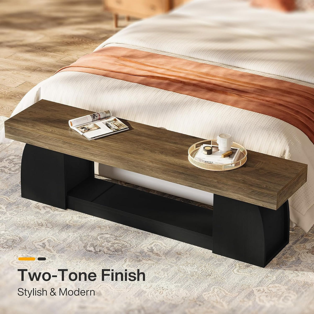 Tribesigns Sitzbank 160 cm mit Schuhablage, Holzoptik und schwarzen Beinen im Landhausstil