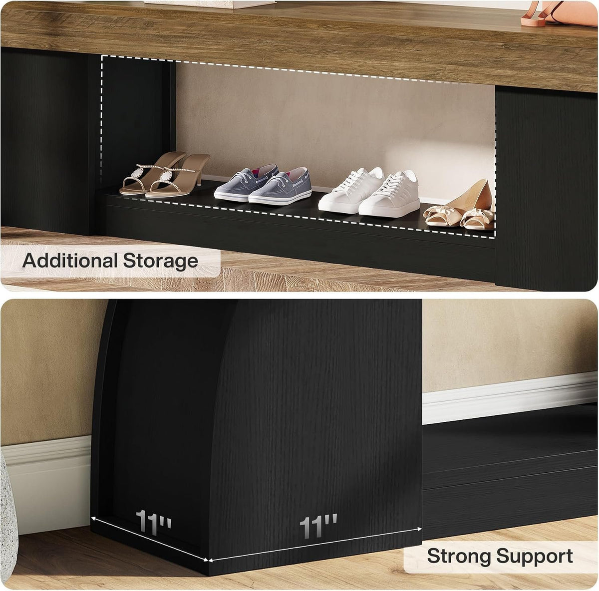Tribesigns Sitzbank 160 cm mit Schuhablage, Holzoptik und schwarzen Beinen im Landhausstil