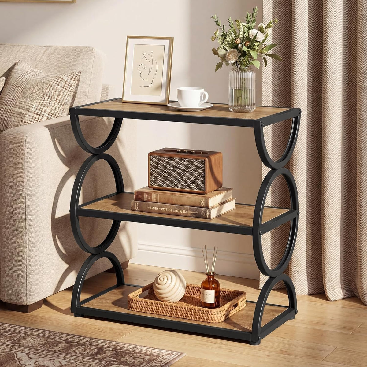 Tribesigns Beistelltisch mit 3 Ebenen, schmaler Ablagetisch aus Holz und Metall im Industrial-Stil