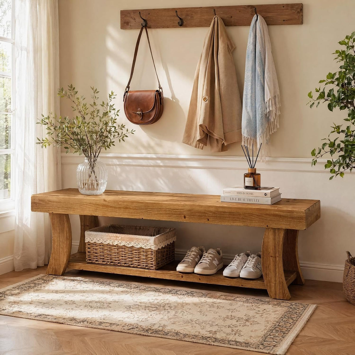 Tribesigns Schuhbank 160 cm aus Massivholz, Flurbank mit Ablage im Landhausstil