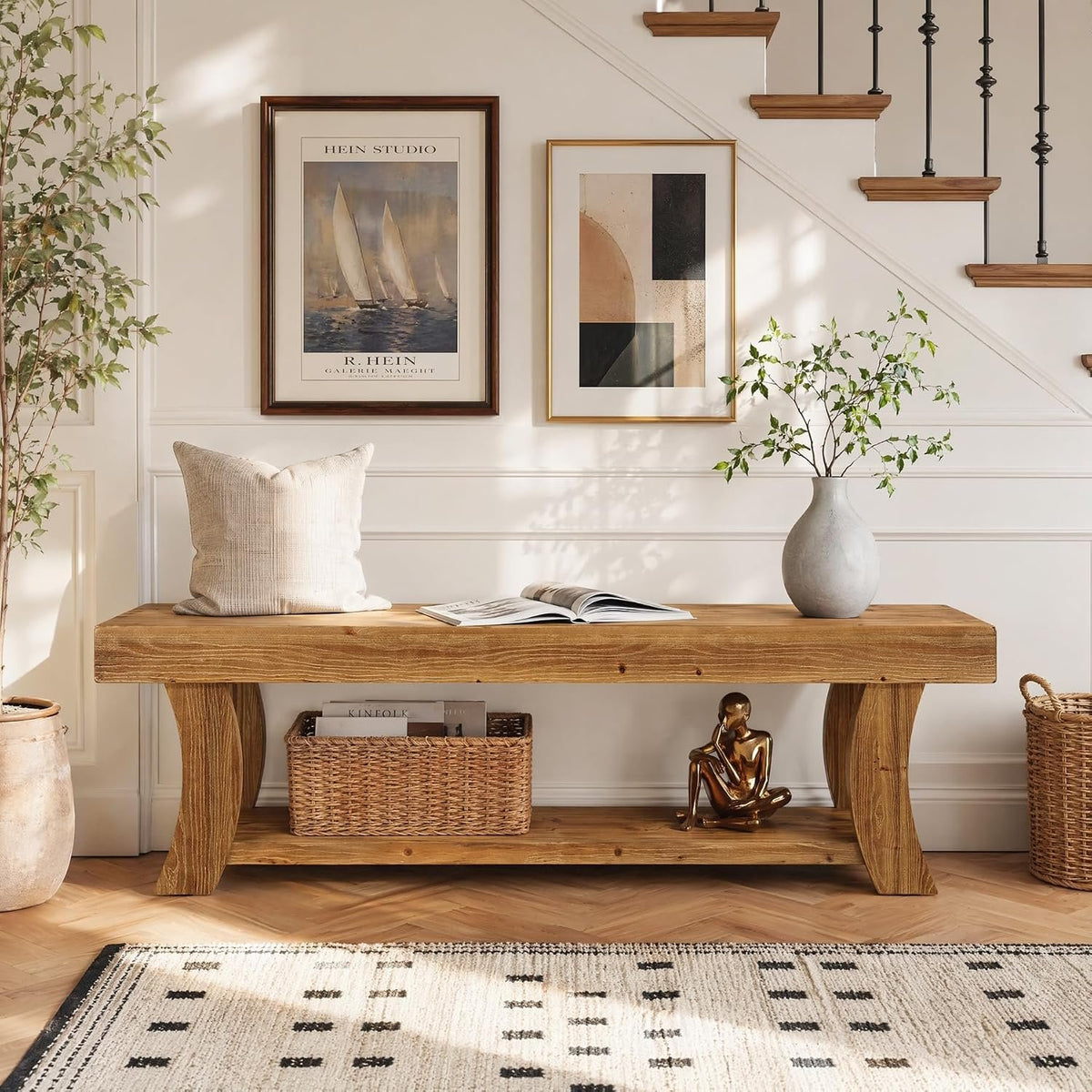 Tribesigns Schuhbank 160 cm aus Massivholz, Flurbank mit Ablage im Landhausstil