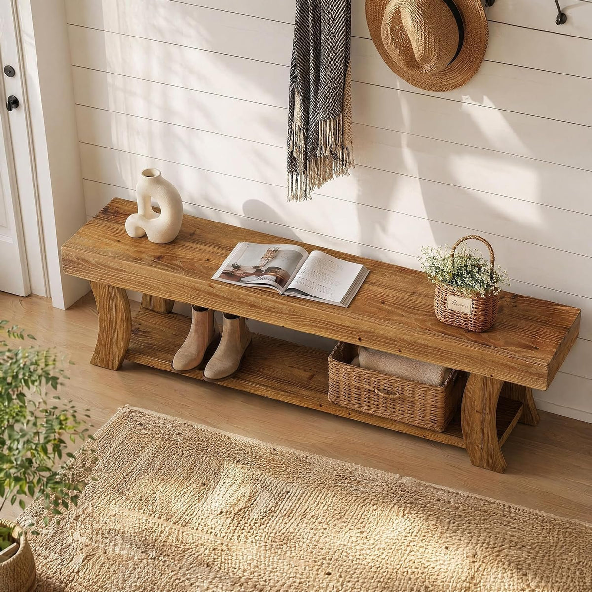Tribesigns Schuhbank 160 cm aus Massivholz, Flurbank mit Ablage im Landhausstil
