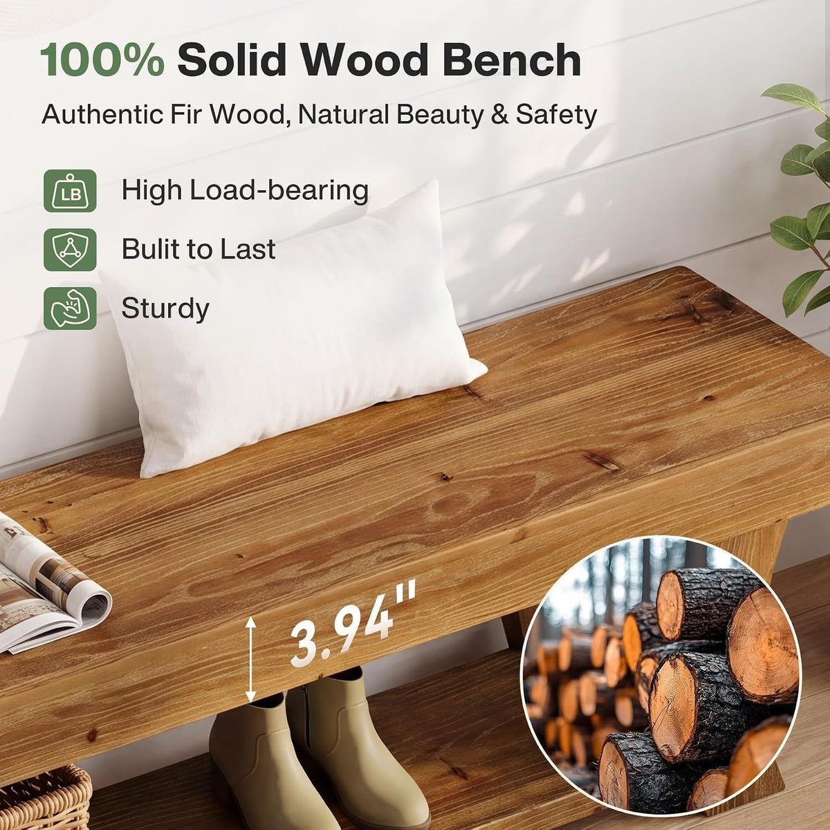 Tribesigns Schuhbank 160 cm aus Massivholz, Flurbank mit Ablage im Landhausstil