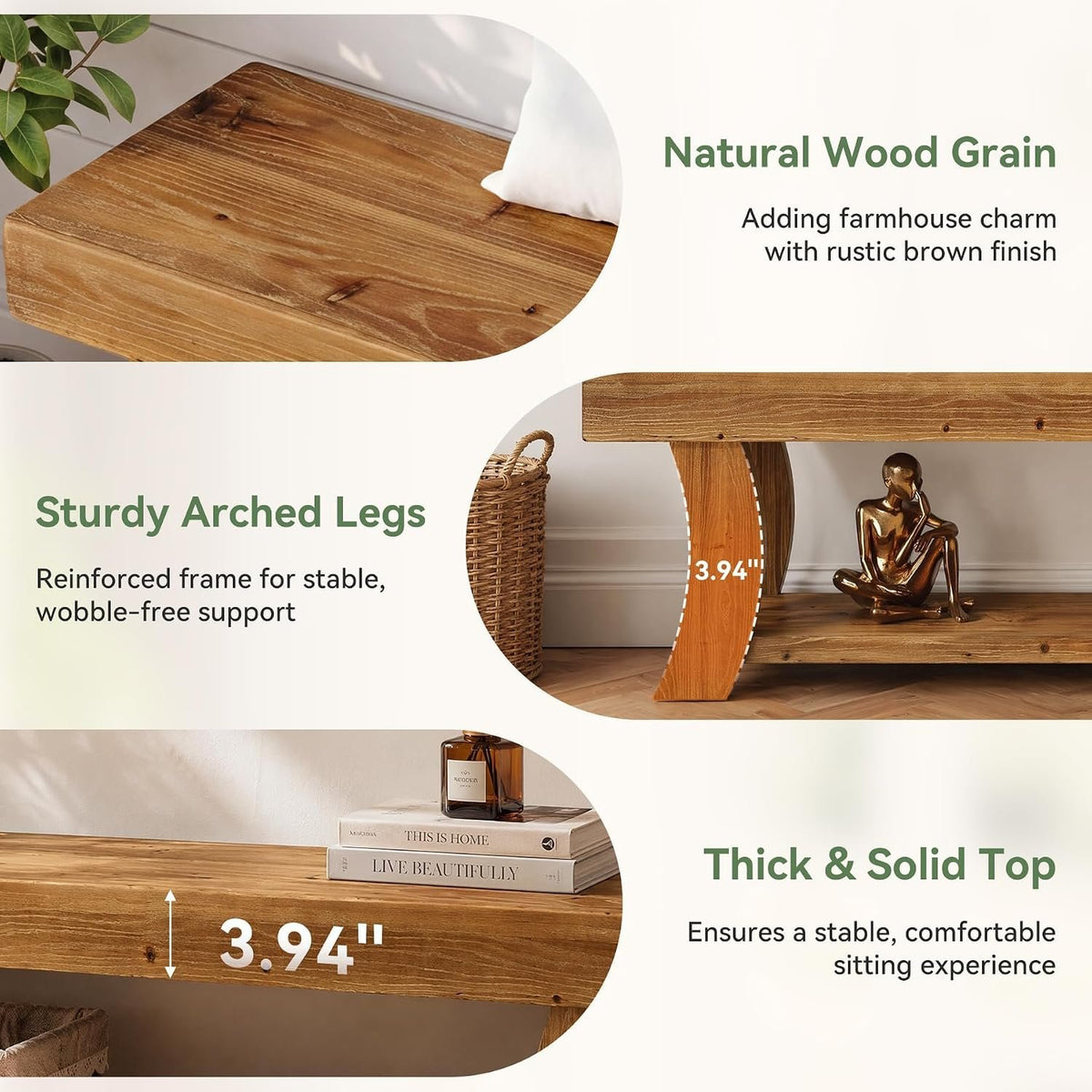 Tribesigns Schuhbank 160 cm aus Massivholz, Flurbank mit Ablage im Landhausstil