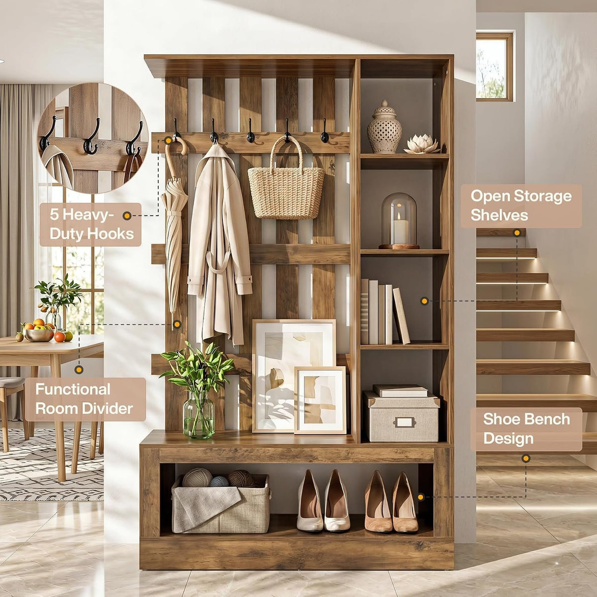 Tribesigns Raumteiler mit Bücherregal und Garderobe, Trennwand mit Stauraum