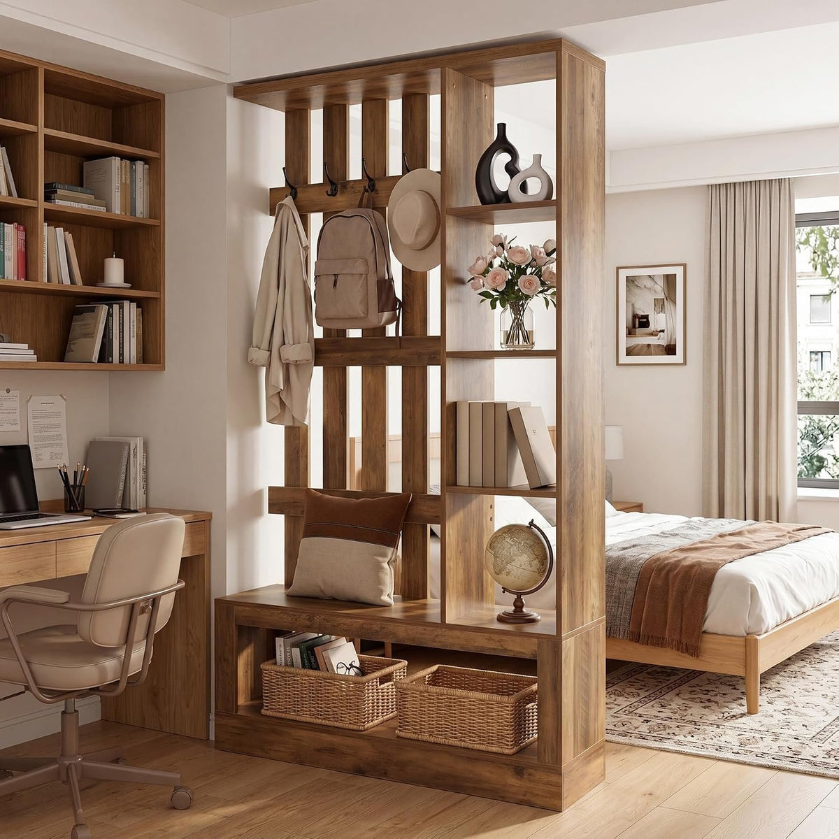 Tribesigns Raumteiler mit Bücherregal und Garderobe, Trennwand mit Stauraum