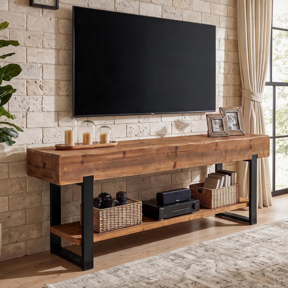 Tribesigns TV-Lowboard 160 cm aus Massivholz, TV-Board mit Baumkante und Ablage