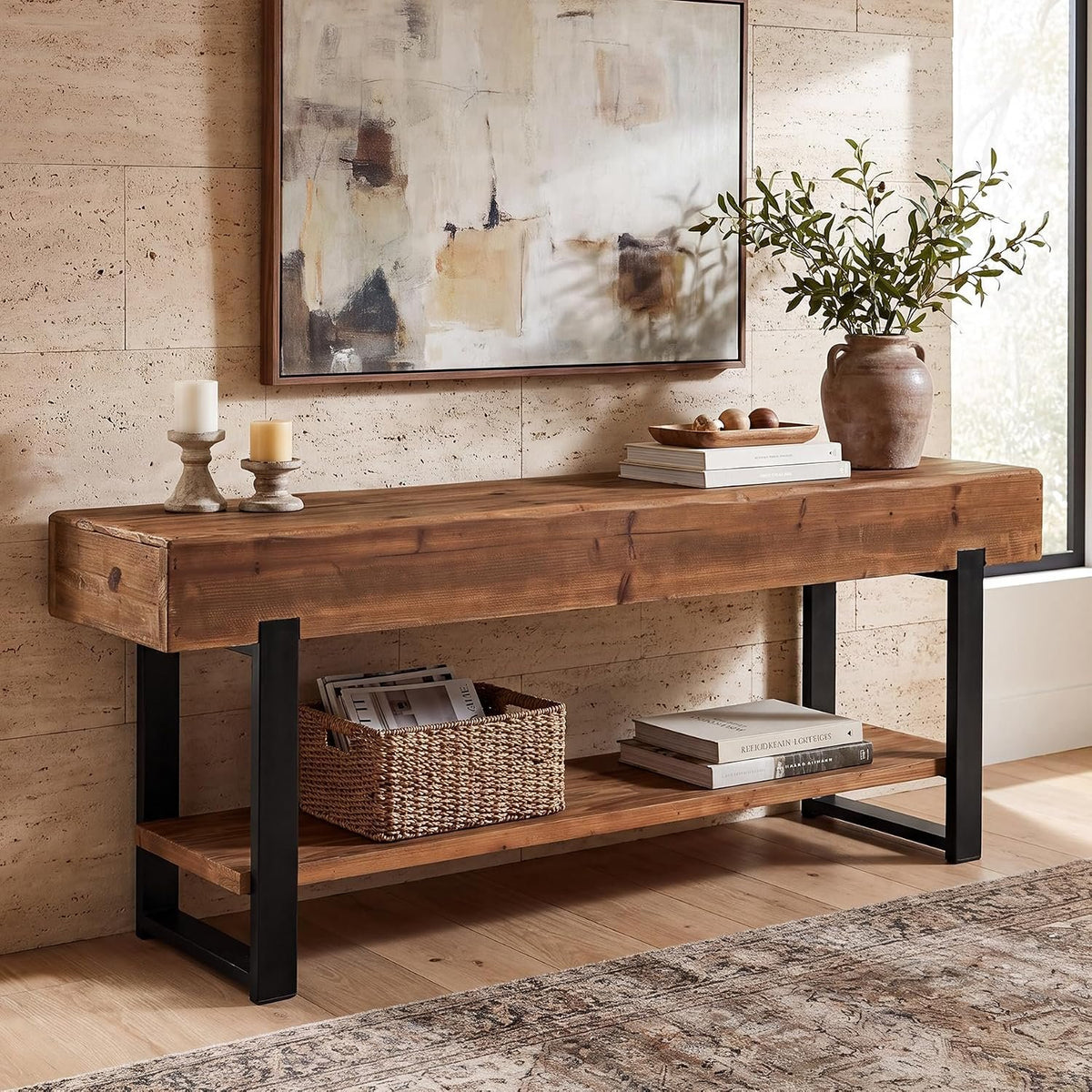 Tribesigns TV-Lowboard 160 cm aus Massivholz, TV-Board mit Baumkante und Ablage