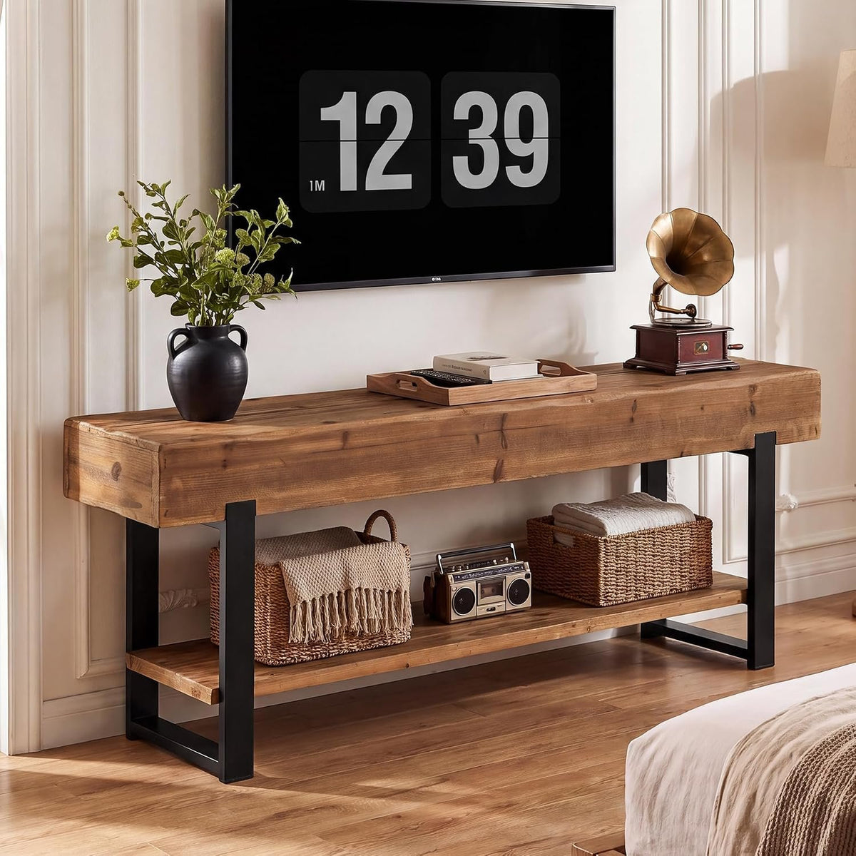 Tribesigns TV-Lowboard 160 cm aus Massivholz, TV-Board mit Baumkante und Ablage