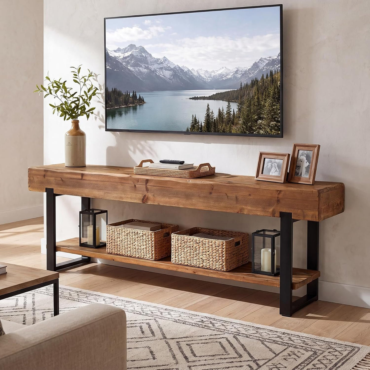 Tribesigns TV-Lowboard 160 cm aus Massivholz, TV-Board mit Baumkante und Ablage