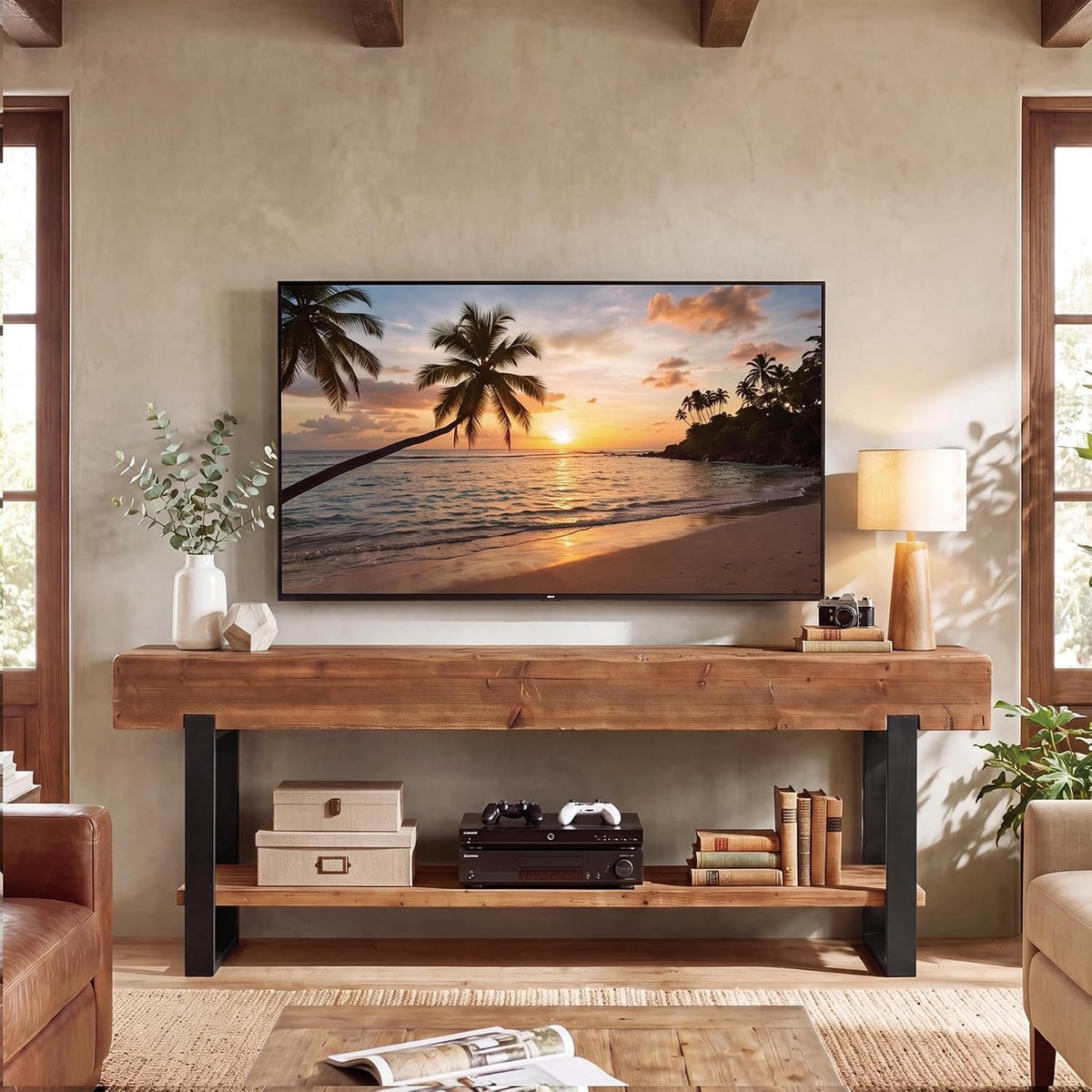 Tribesigns TV-Lowboard 160 cm aus Massivholz, TV-Board mit Baumkante und Ablage