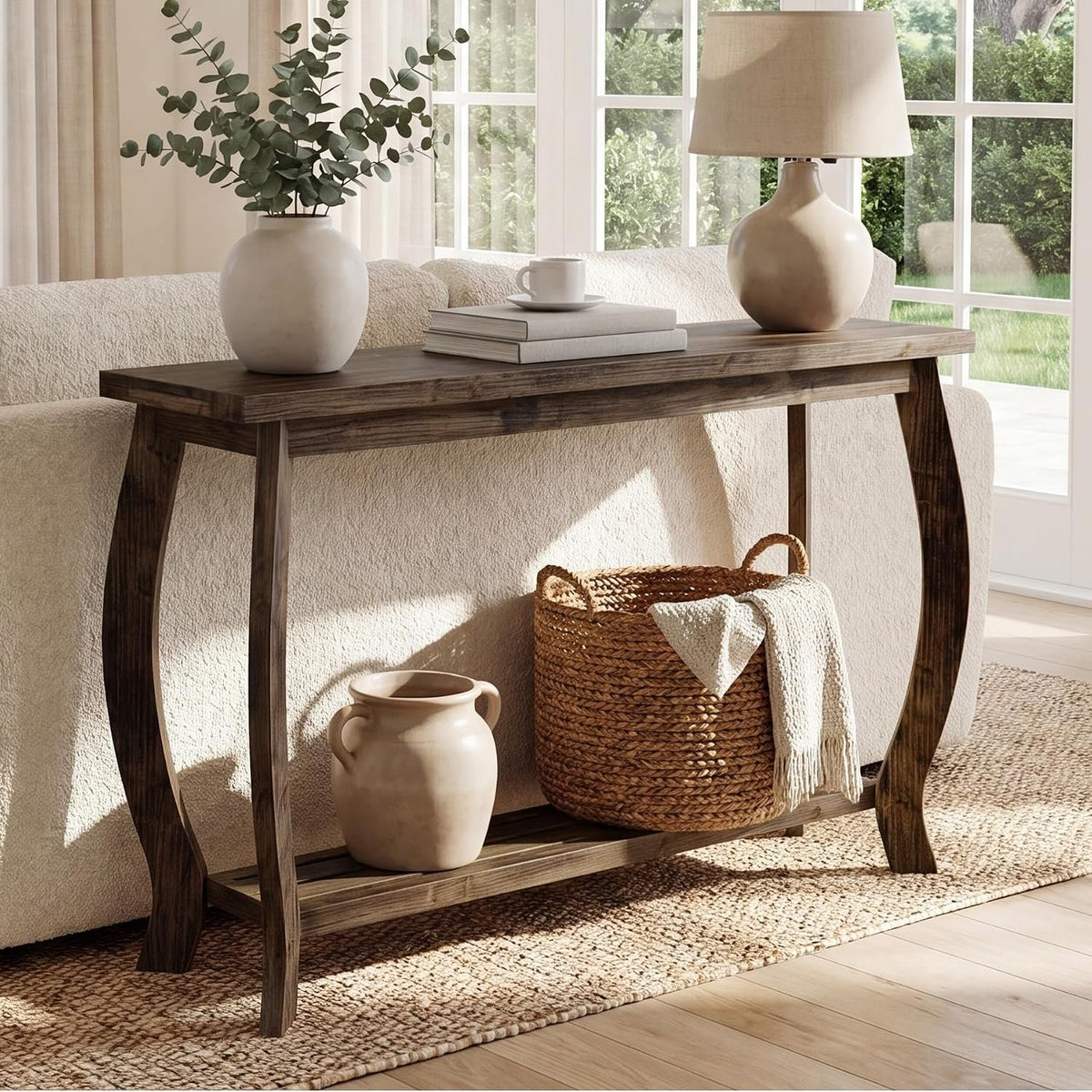 Tribesigns Massivholz Konsolentisch 105 cm, schmaler Flurtisch mit 2 Ebenen im Landhausstil