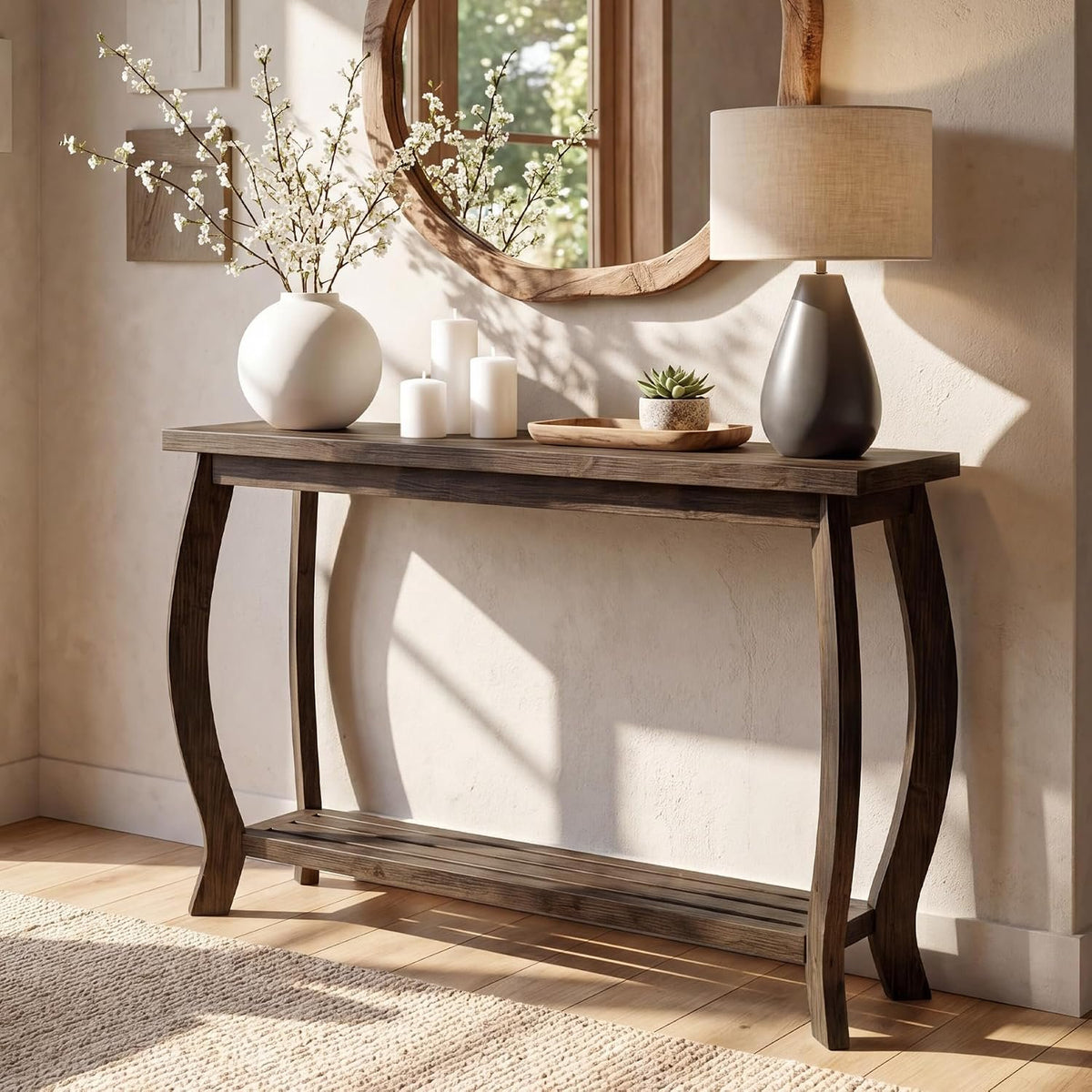 Tribesigns Massivholz Konsolentisch 105 cm, schmaler Flurtisch mit 2 Ebenen im Landhausstil