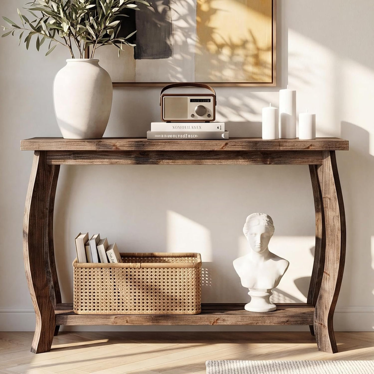 Tribesigns Massivholz Konsolentisch 105 cm, schmaler Flurtisch mit 2 Ebenen im Landhausstil