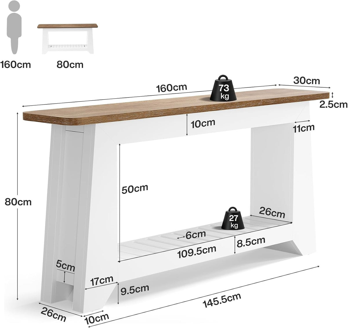 Tribesigns Konsolentisch 160 cm mit Stauraum, weißer Flurtisch mit A-Rahmen