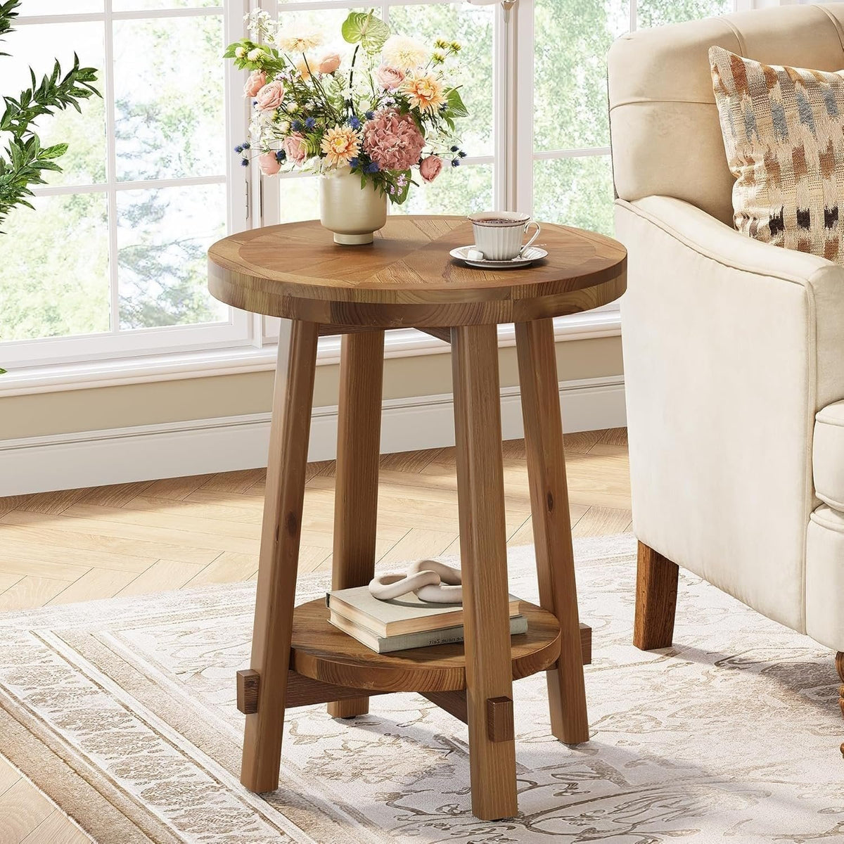 Tribesigns Runder Massivholz Beistelltisch 50 cm mit 2 Ablagen, Landhausstil