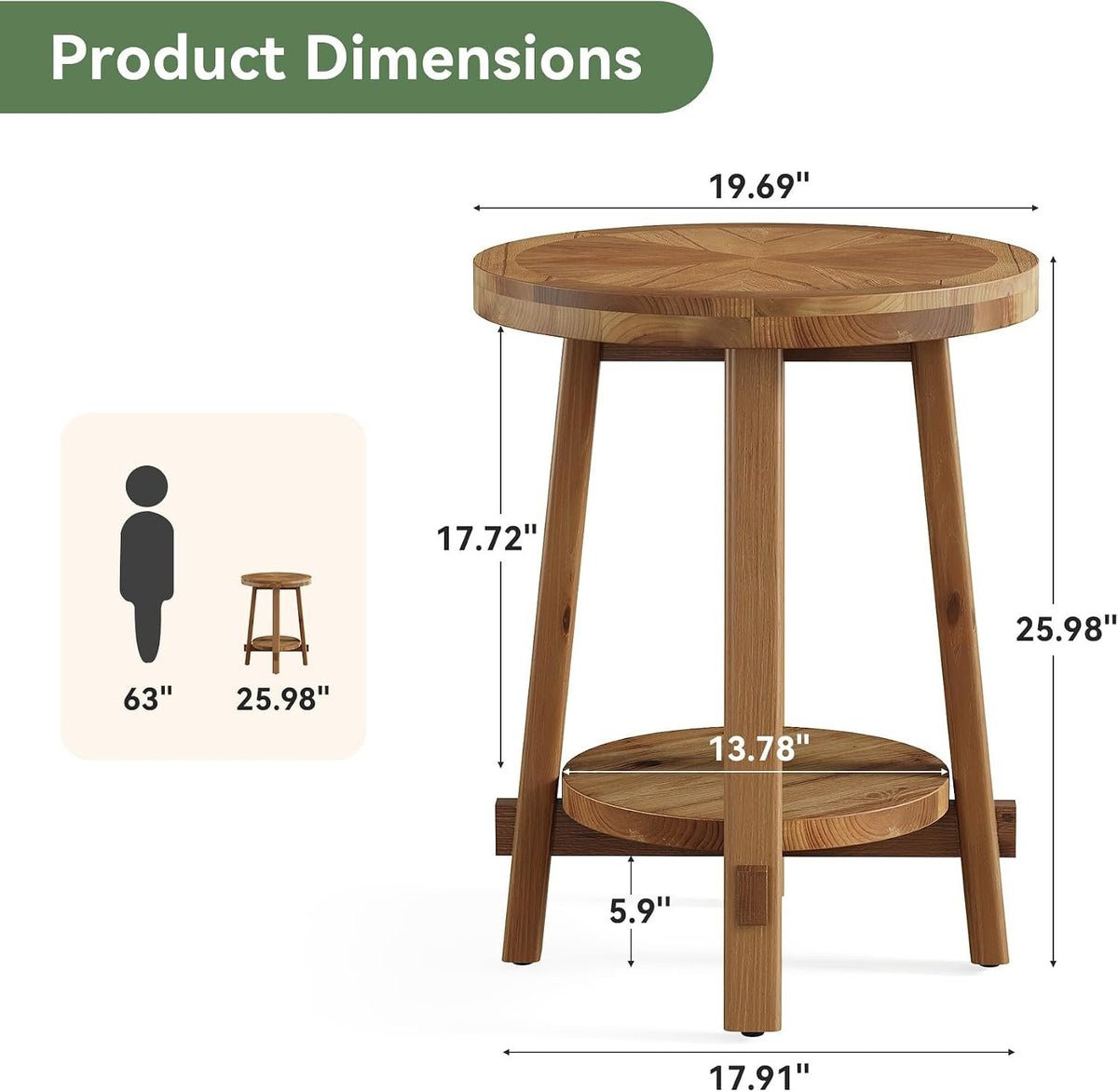 Tribesigns Runder Massivholz Beistelltisch 50 cm mit 2 Ablagen, Landhausstil
