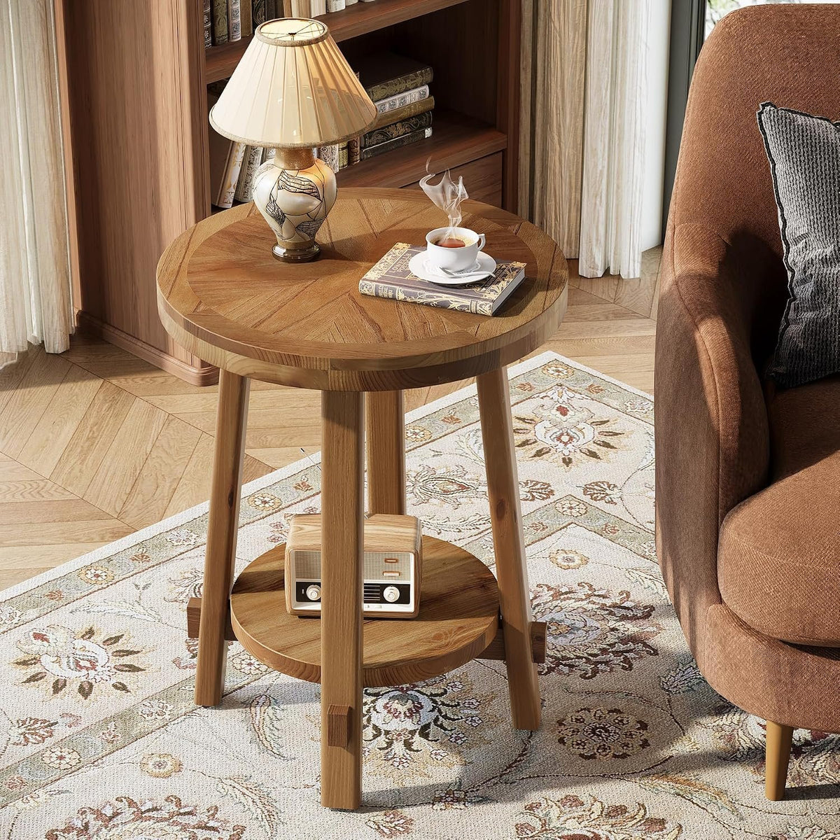 Tribesigns Runder Massivholz Beistelltisch 50 cm mit 2 Ablagen, Landhausstil