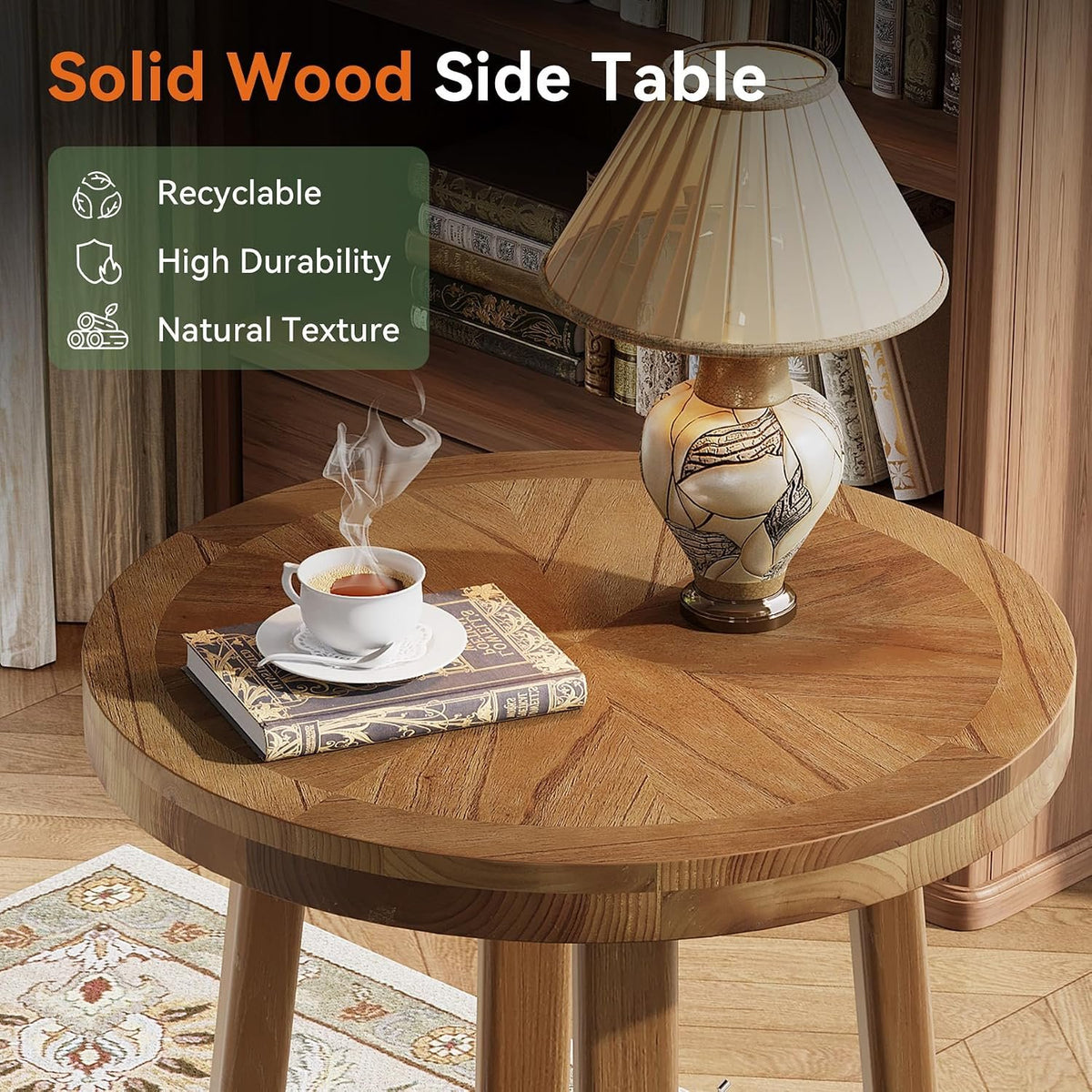 Tribesigns Runder Massivholz Beistelltisch 50 cm mit 2 Ablagen, Landhausstil