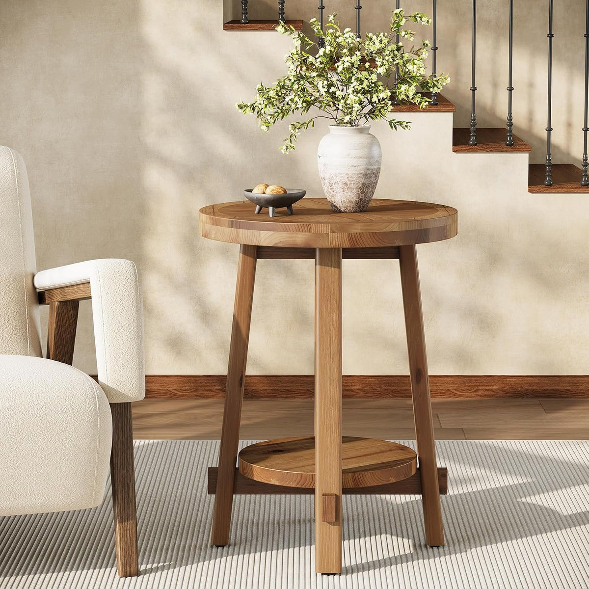 Tribesigns Runder Massivholz Beistelltisch 50 cm mit 2 Ablagen, Landhausstil