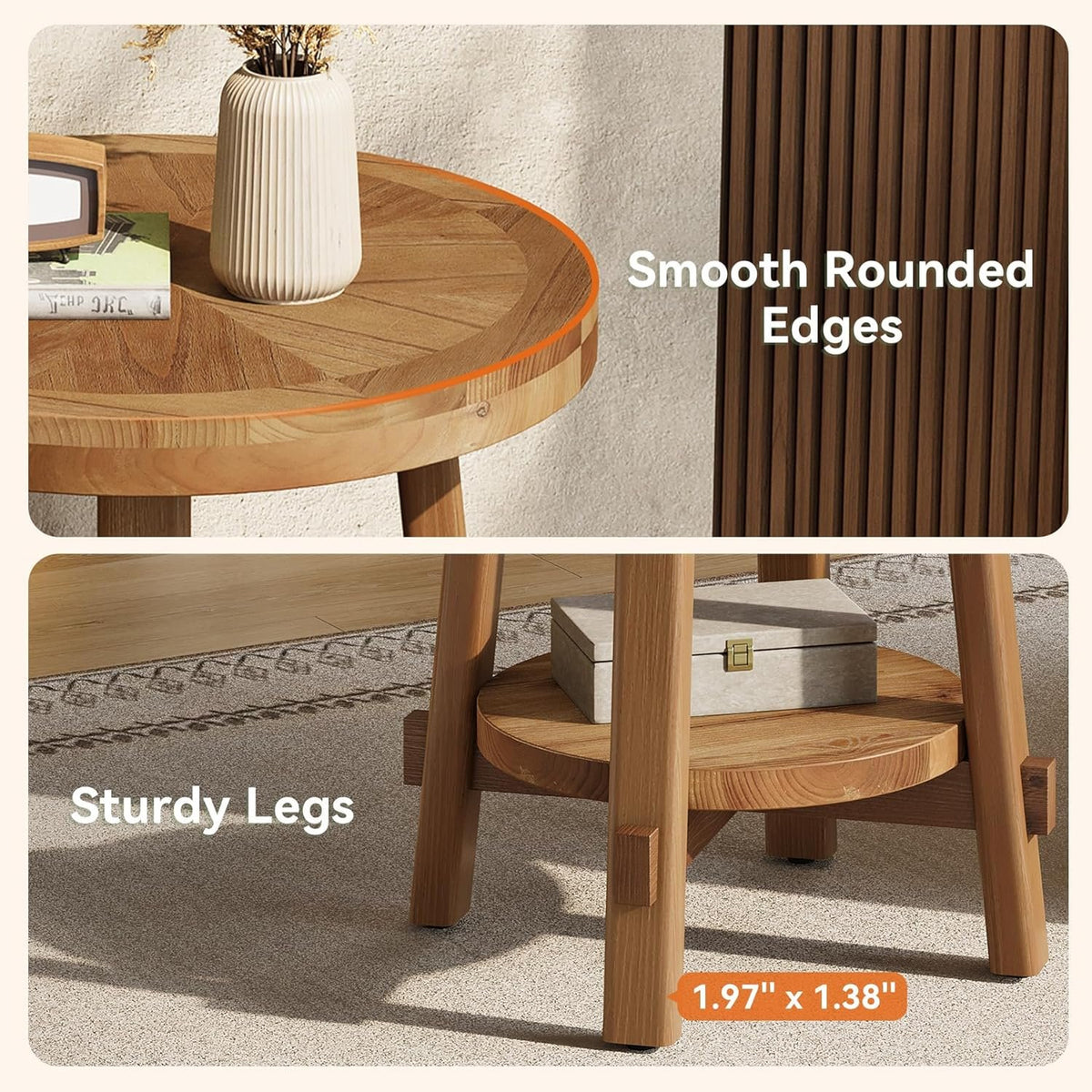 Tribesigns Runder Massivholz Beistelltisch 50 cm mit 2 Ablagen, Landhausstil