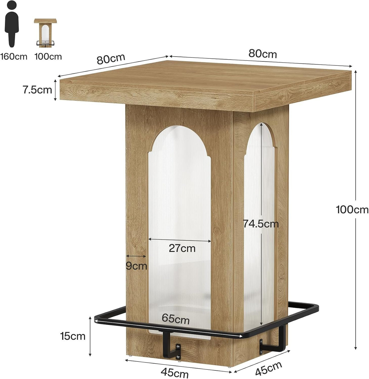 Tribesigns Bartisch 80 cm mit RGB-Beleuchtung, quadratischer Stehtisch