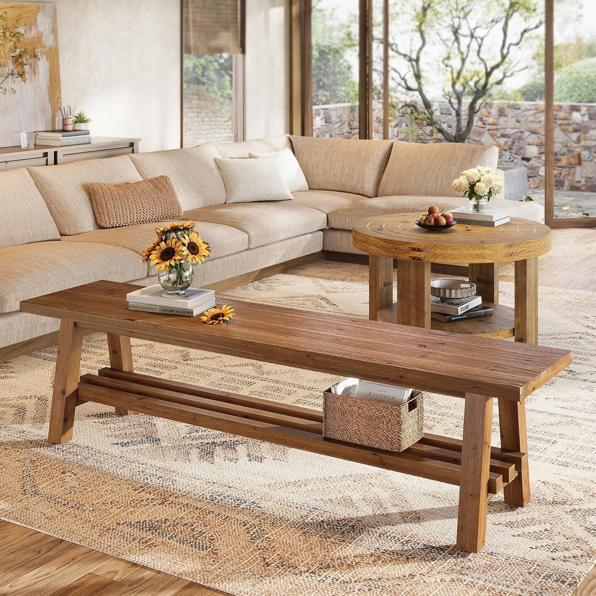 Tribesigns Schuhbank aus Massivholz, 140 cm breite Sitzbank mit Schuhablage