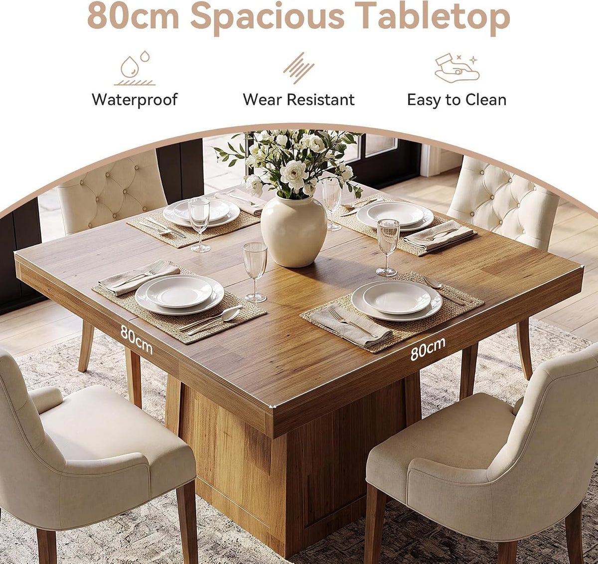 Tribesigns Quadratischer Esstisch 80 × 80 cm, Küchentisch im Landhausstil mit Trapezgestell