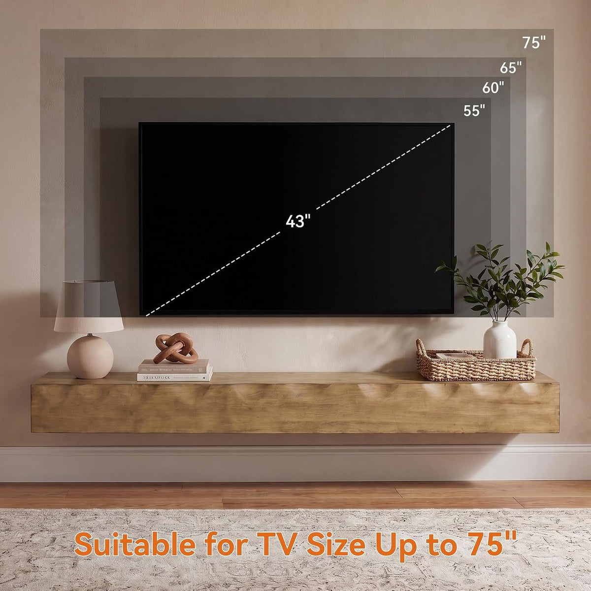 Tribesigns Wand-TV-Board 160 cm aus Massivholz, schwebendes TV-Regal für bis 75 Zoll