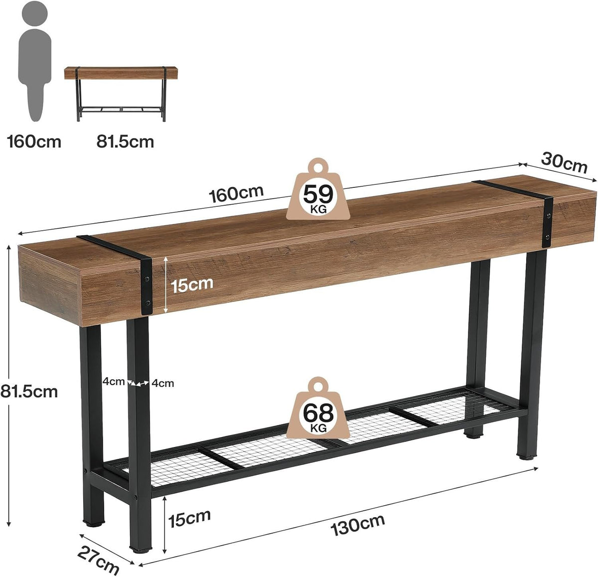 Tribesigns Konsolentisch 160 cm mit 2 Ablagen, schmaler Sofatisch im Industrial-Stil