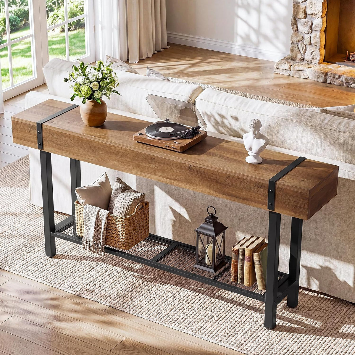 Tribesigns Konsolentisch 160 cm mit 2 Ablagen, schmaler Sofatisch im Industrial-Stil
