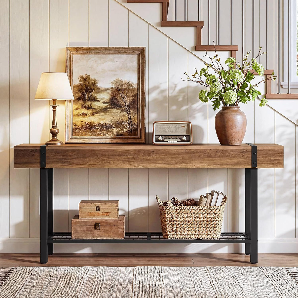 Tribesigns Konsolentisch 160 cm mit 2 Ablagen, schmaler Sofatisch im Industrial-Stil