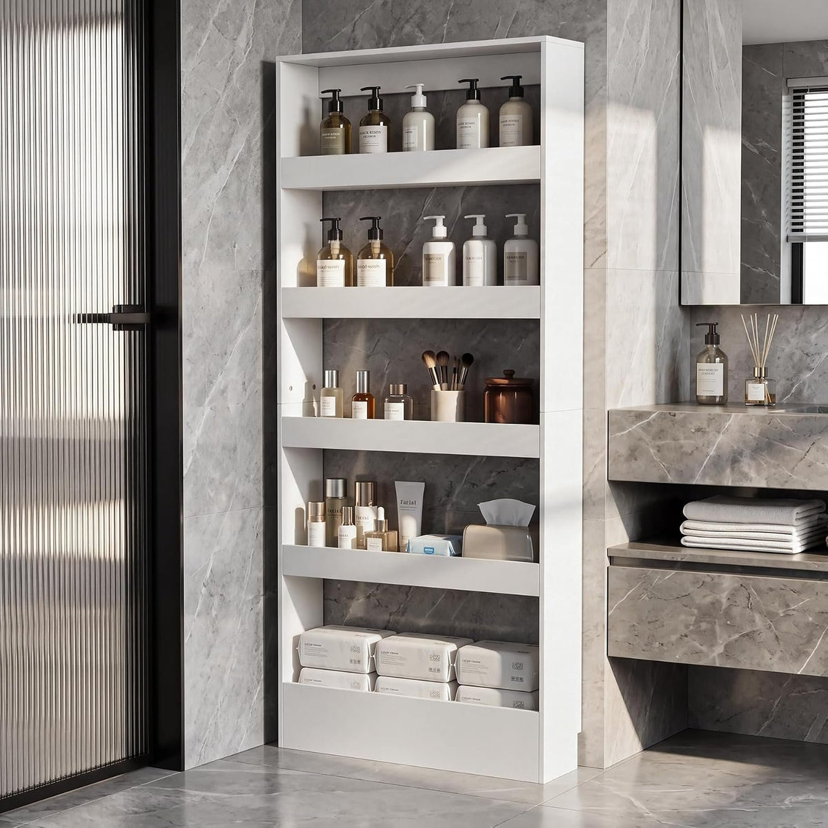 Tribesigns Schmales Regal 180 cm hoch mit 5 Ablagen, Nischenregal in Weiß und Holzoptik