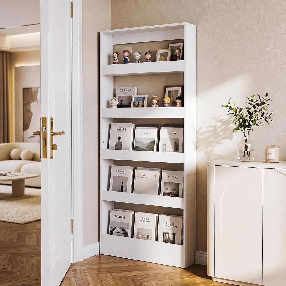 Tribesigns Schmales Regal 180 cm hoch mit 5 Ablagen, Nischenregal in Weiß und Holzoptik