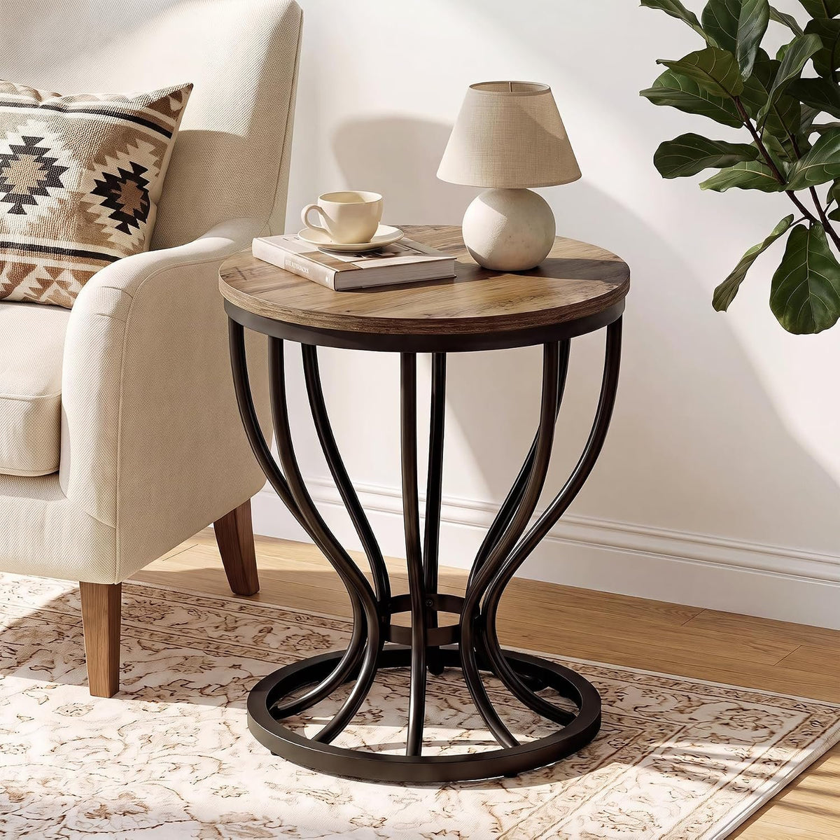 Tribesigns Runder Beistelltisch 50 cm mit Metallgestell im Industrial-Stil