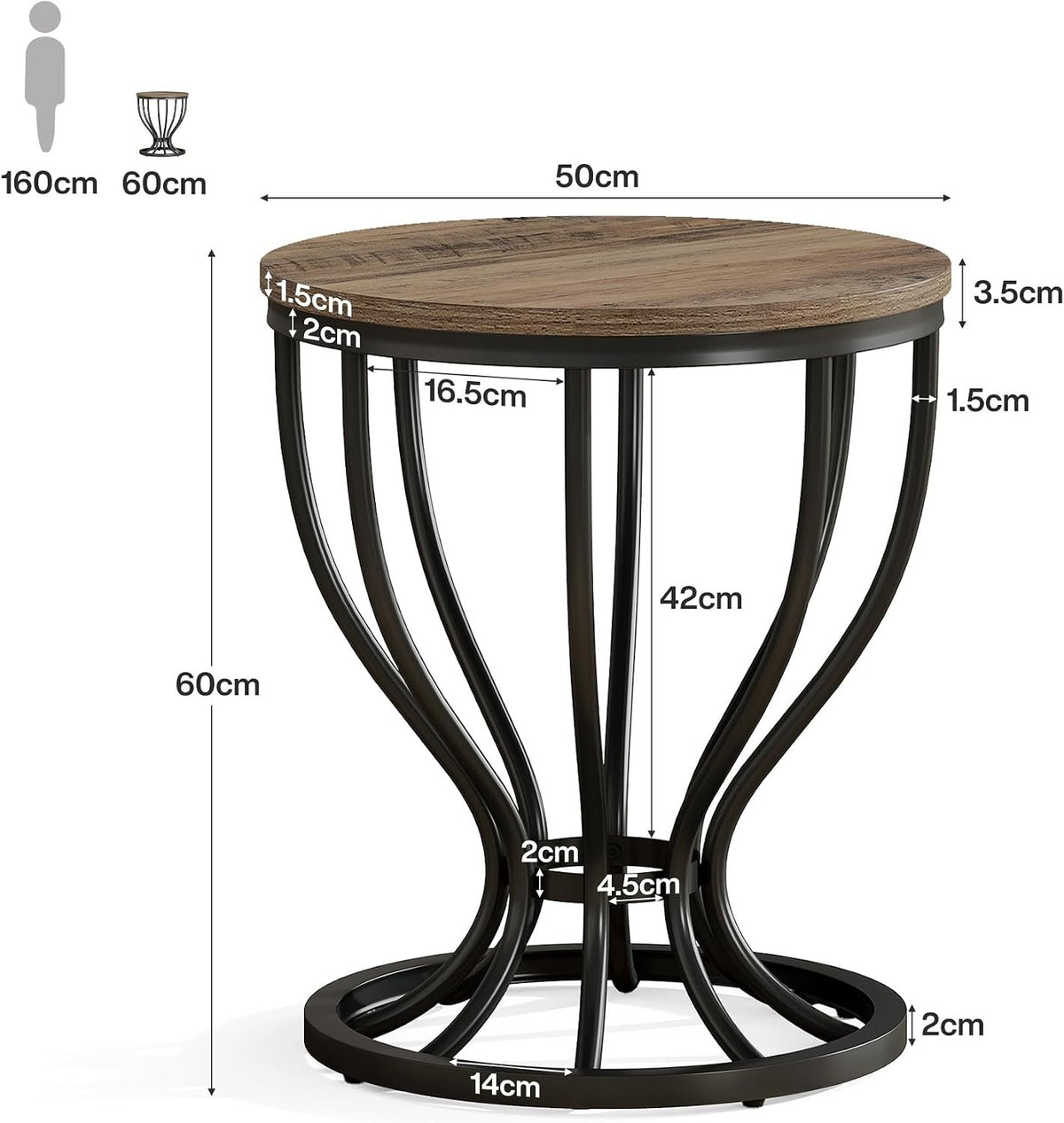 Tribesigns Runder Beistelltisch 50 cm mit Metallgestell im Industrial-Stil