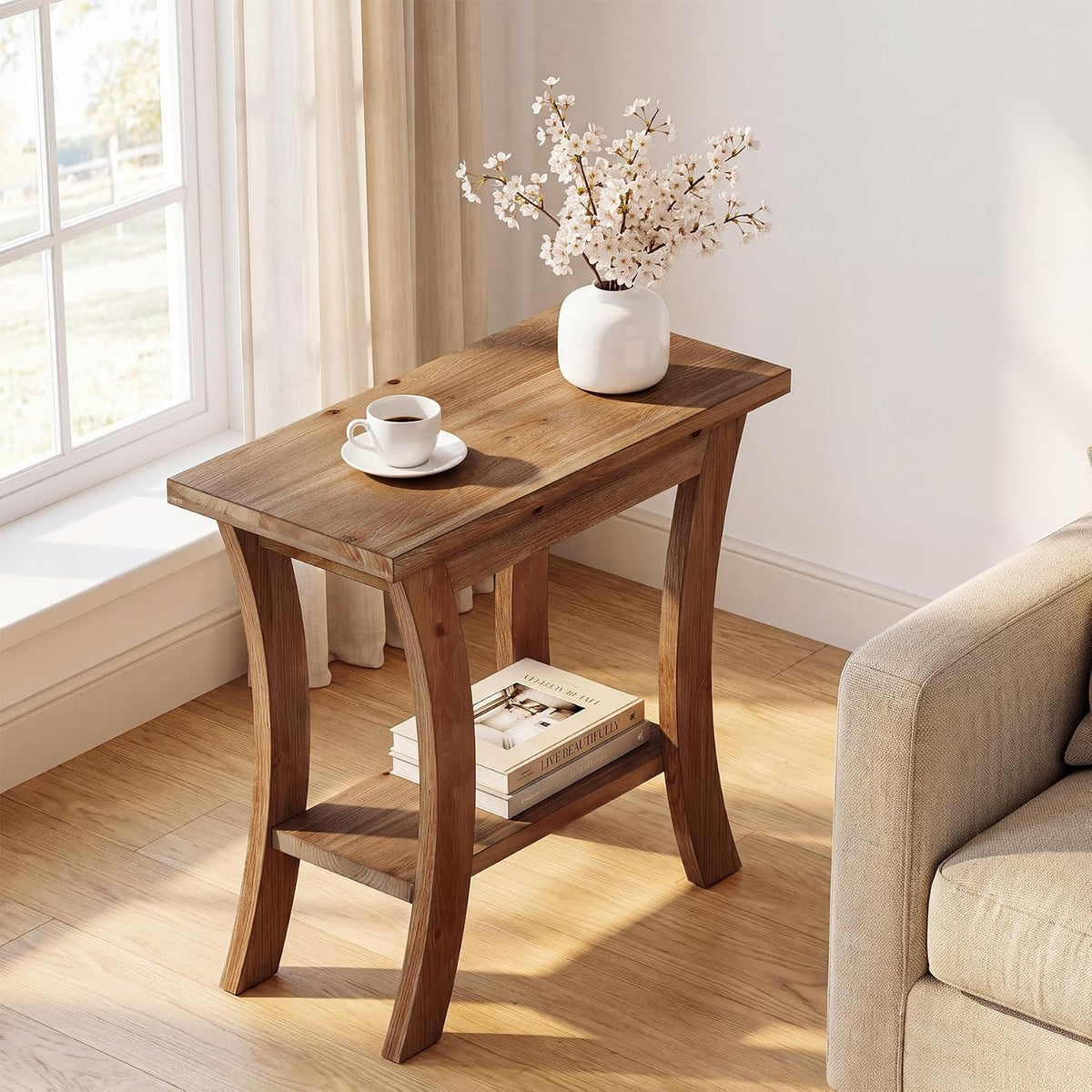 Tribesigns Massivholz Beistelltisch mit Ablage, schmaler Sofatisch im Landhausstil