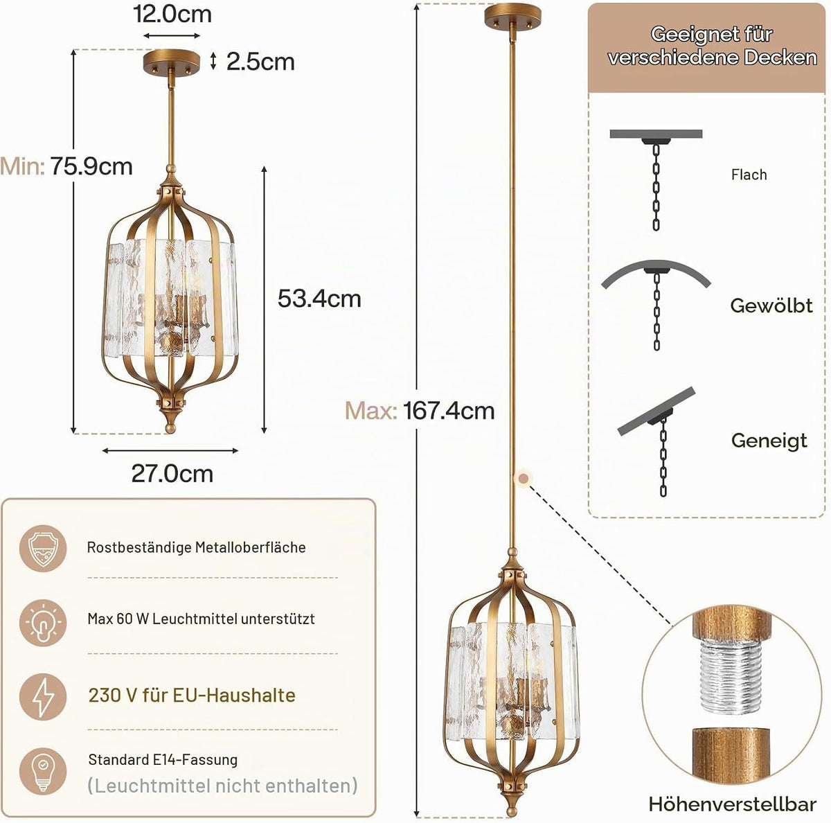 Tribesigns Glas-Pendelleuchte, Retro Esstischlampe mit höhenverstellbarem Glasschirm