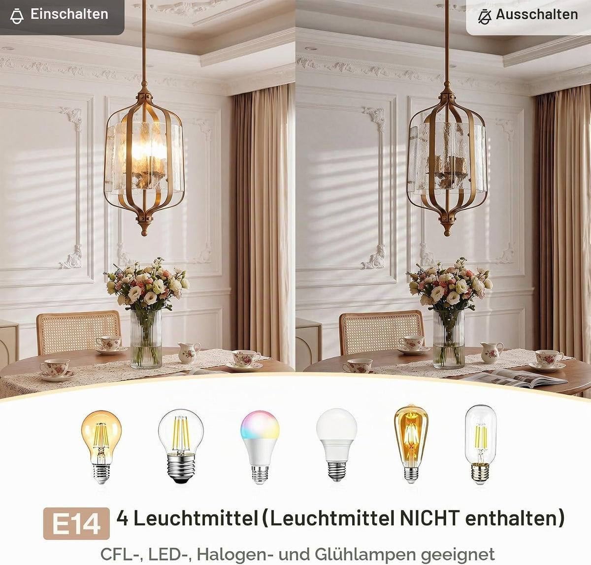 Tribesigns Glas-Pendelleuchte, Retro Esstischlampe mit höhenverstellbarem Glasschirm